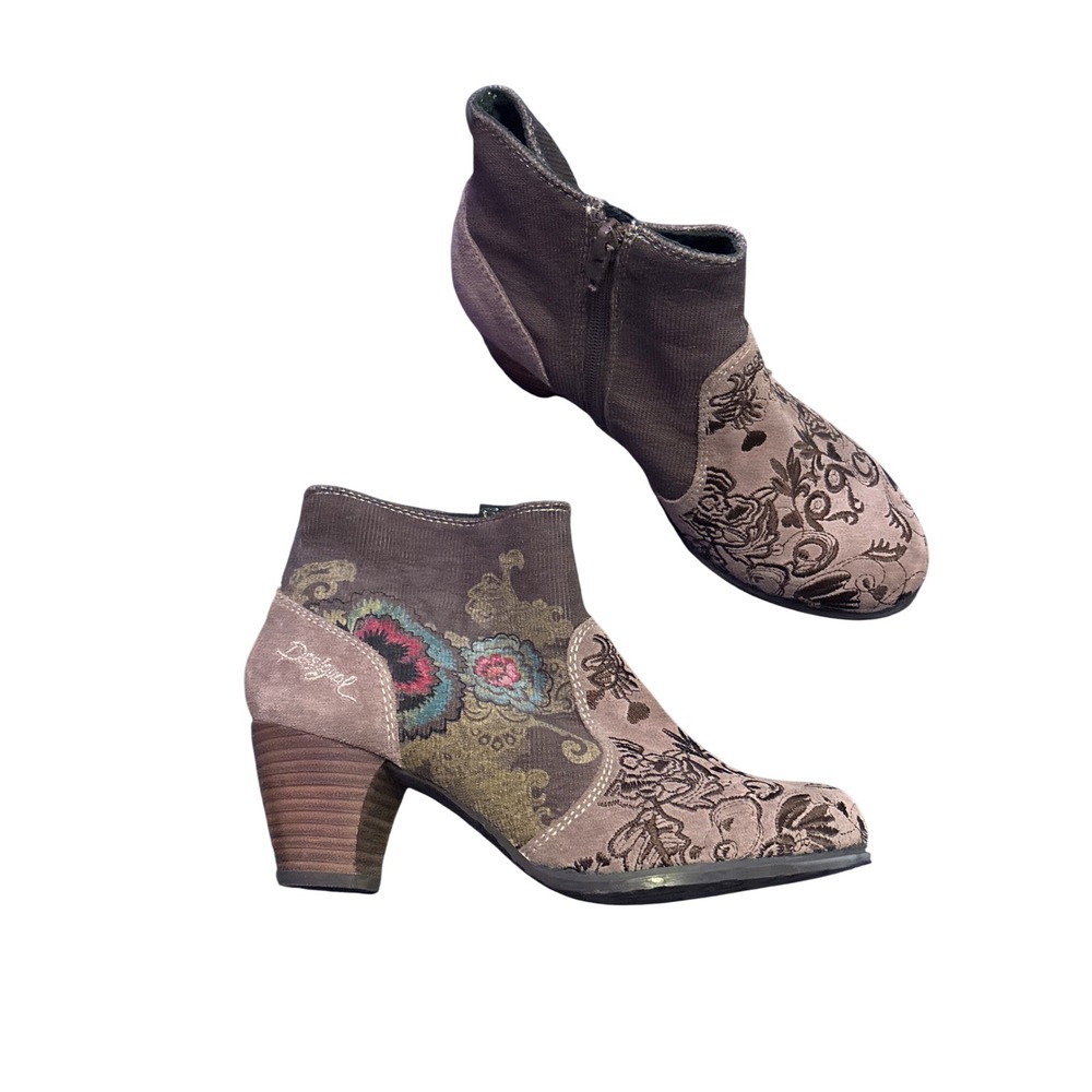 Desigual Floral Patchwork Embroidered Boho Ankle Boots Brown Womens Size 6.5